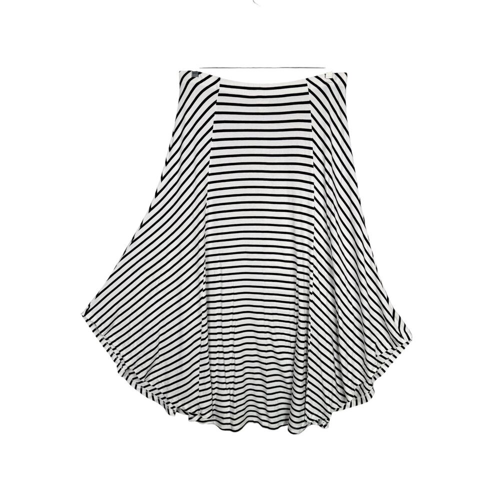 Chico's 2 L Flared Pull On Knit Maxi Skirt Black White Stripe Round Hem